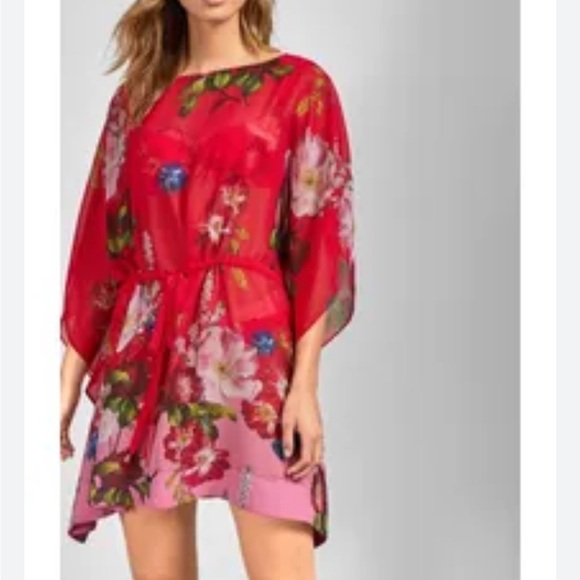 Ted Baker Rumie Berry Sundae Caftan Swim Cover Up Red Floral Semi Sheer Sz S - Picture 1 of 9
